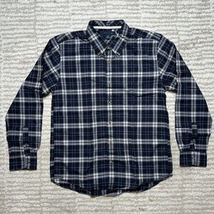 Tommy Hilfiger, Navy Blue Plaid Long Sleeve Button Down, Size L